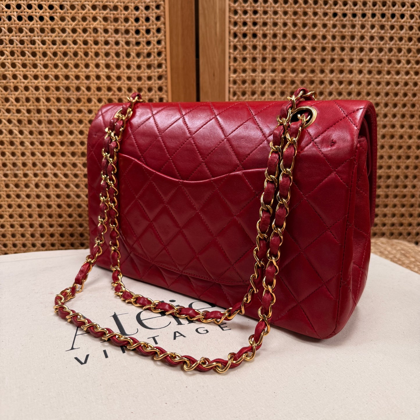 Chanel 1989 Red Lambskin Leather Classic Double Flap in Medium with 24k Gold Hardware