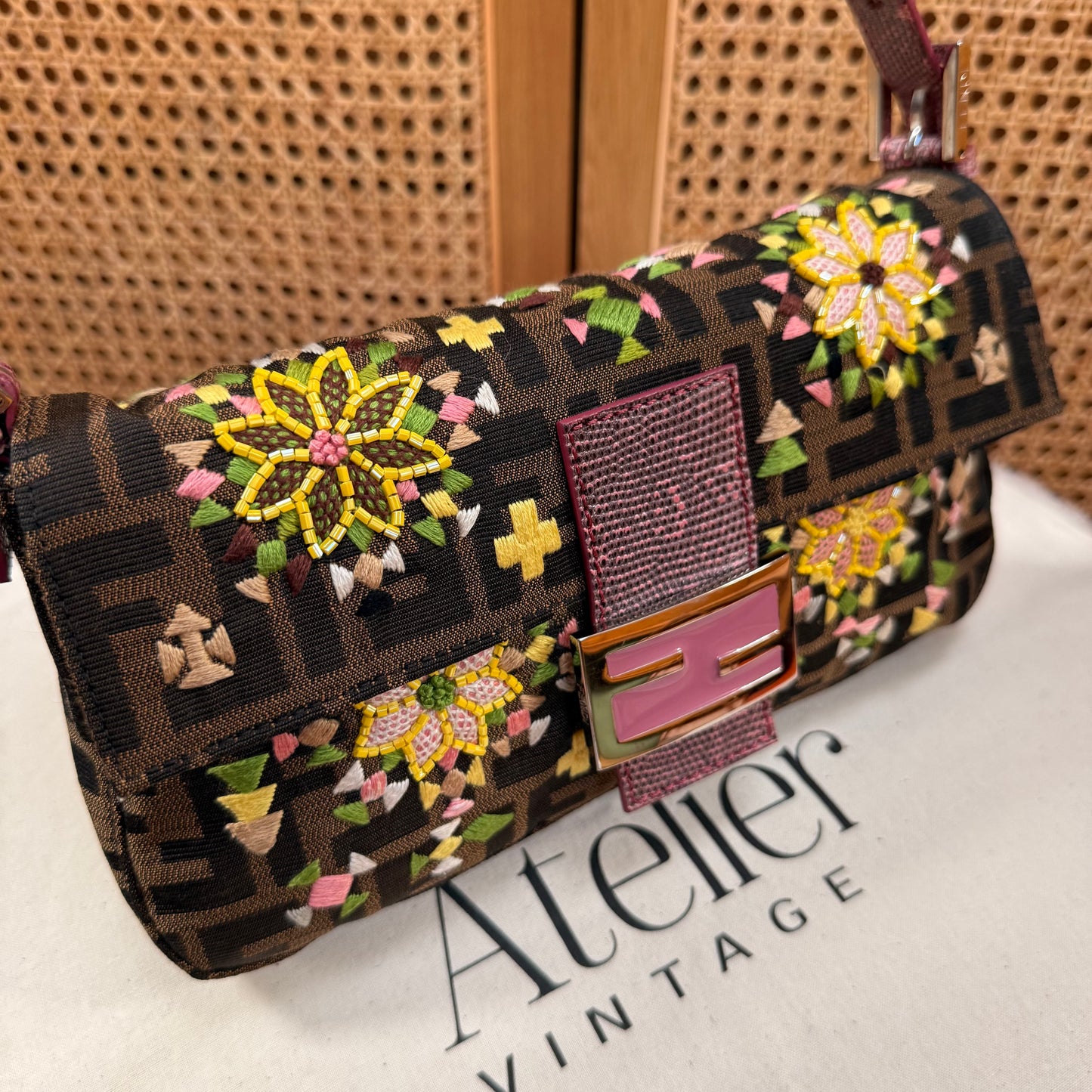 Fendi 2004 Rare Baguette Embroidered Zucca Print - Limited Edition glass bead and embroidered with exotic leather