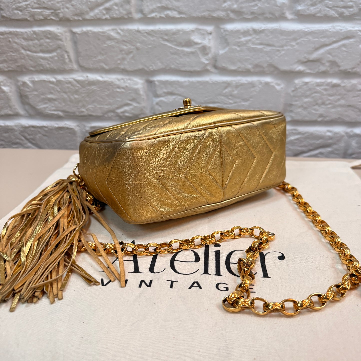 Chanel 1991 Ultra Rare Chevron Quilted Turnlock Camera Bag in Gold Lambskin Leather with 24k gold hardware