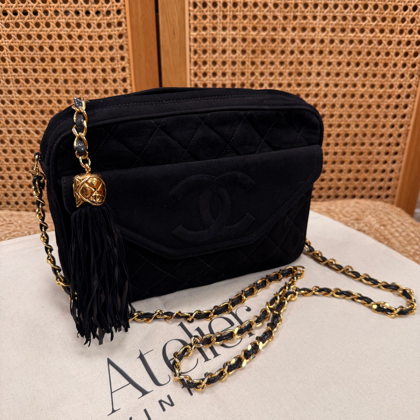 Chanel 1989 Rare Black Suede Front Flap Camera Bag