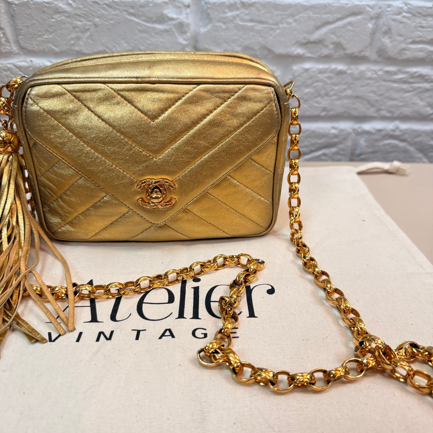 Chanel 1991 Ultra Rare Chevron Quilted Turnlock Camera Bag in Gold Lambskin Leather with 24k gold hardware