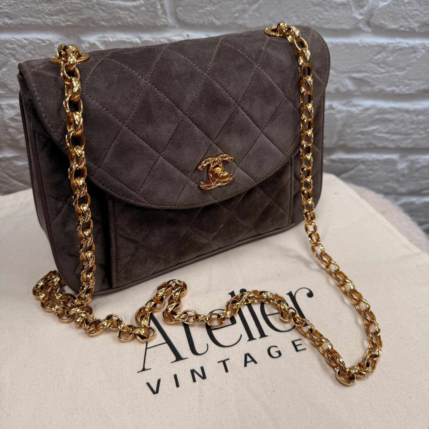 Chanel 1980s Ultra Rare Chanel Limited Edition Bijoux Chain in Taupe Suede and 24k Hold Hardware