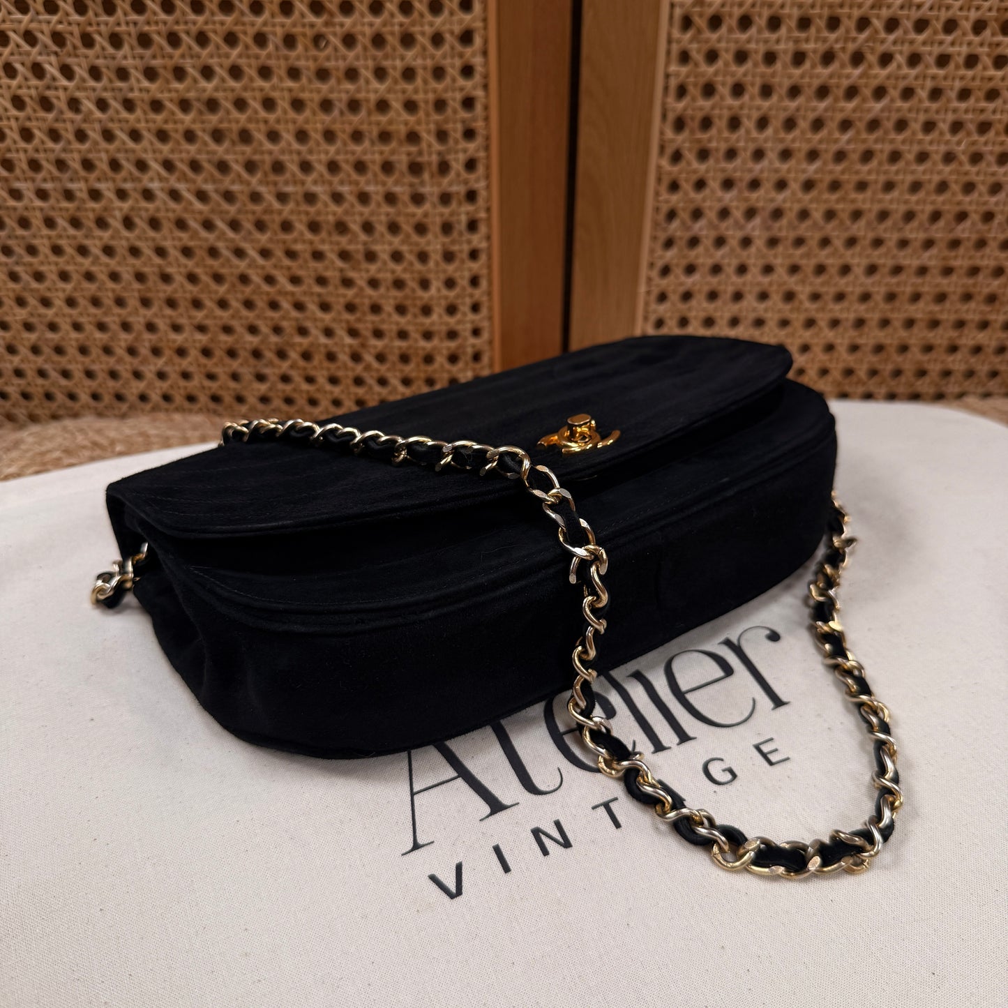 Chanel Rare early 1980s half moon quilted single flap in black suede