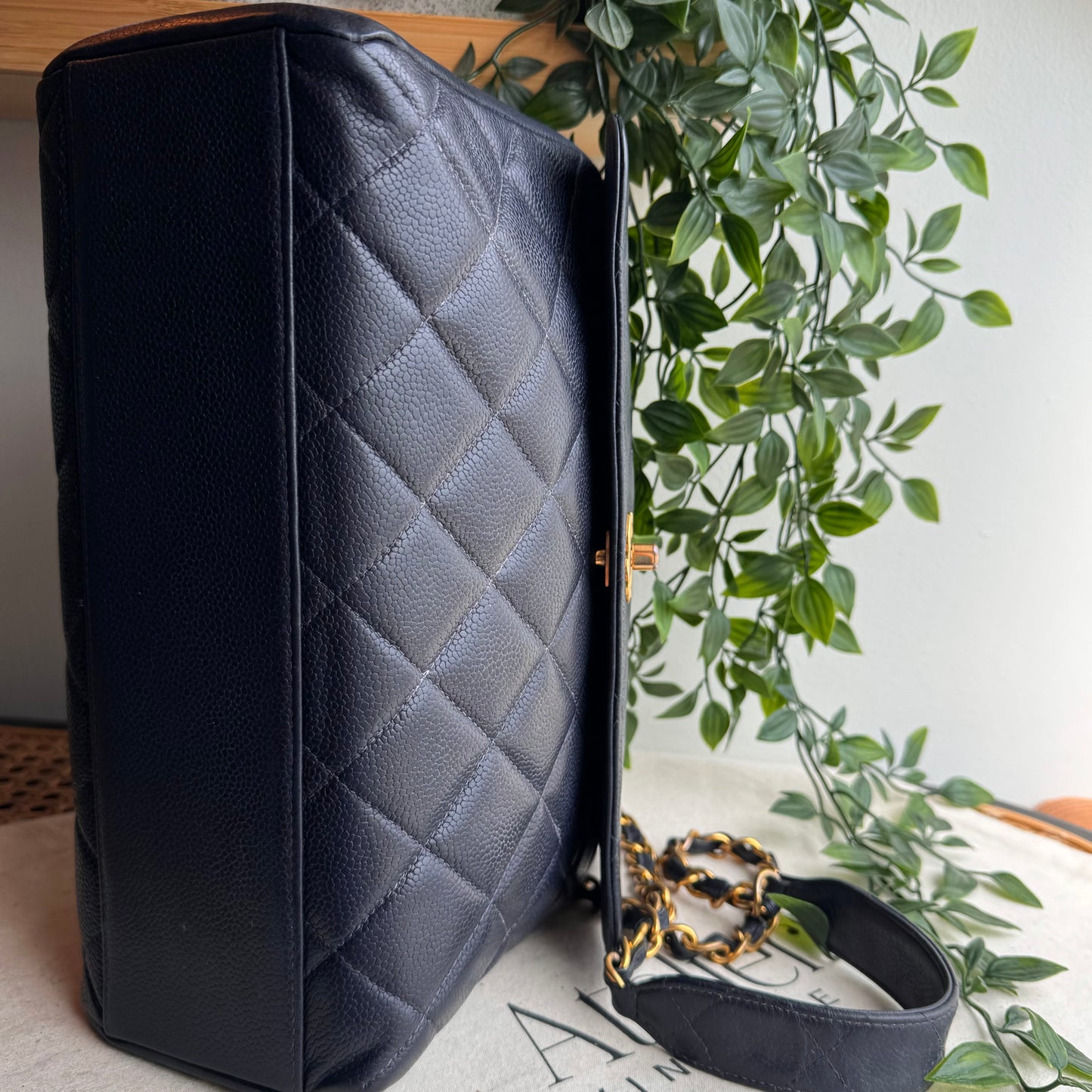 Chanel 1994 Navy Caviar Leather Large Square Single Flap