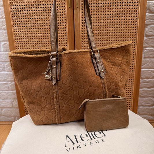 Gucci 2004 GG Monogram Sheepskin Shearling Iconic Charm Tote