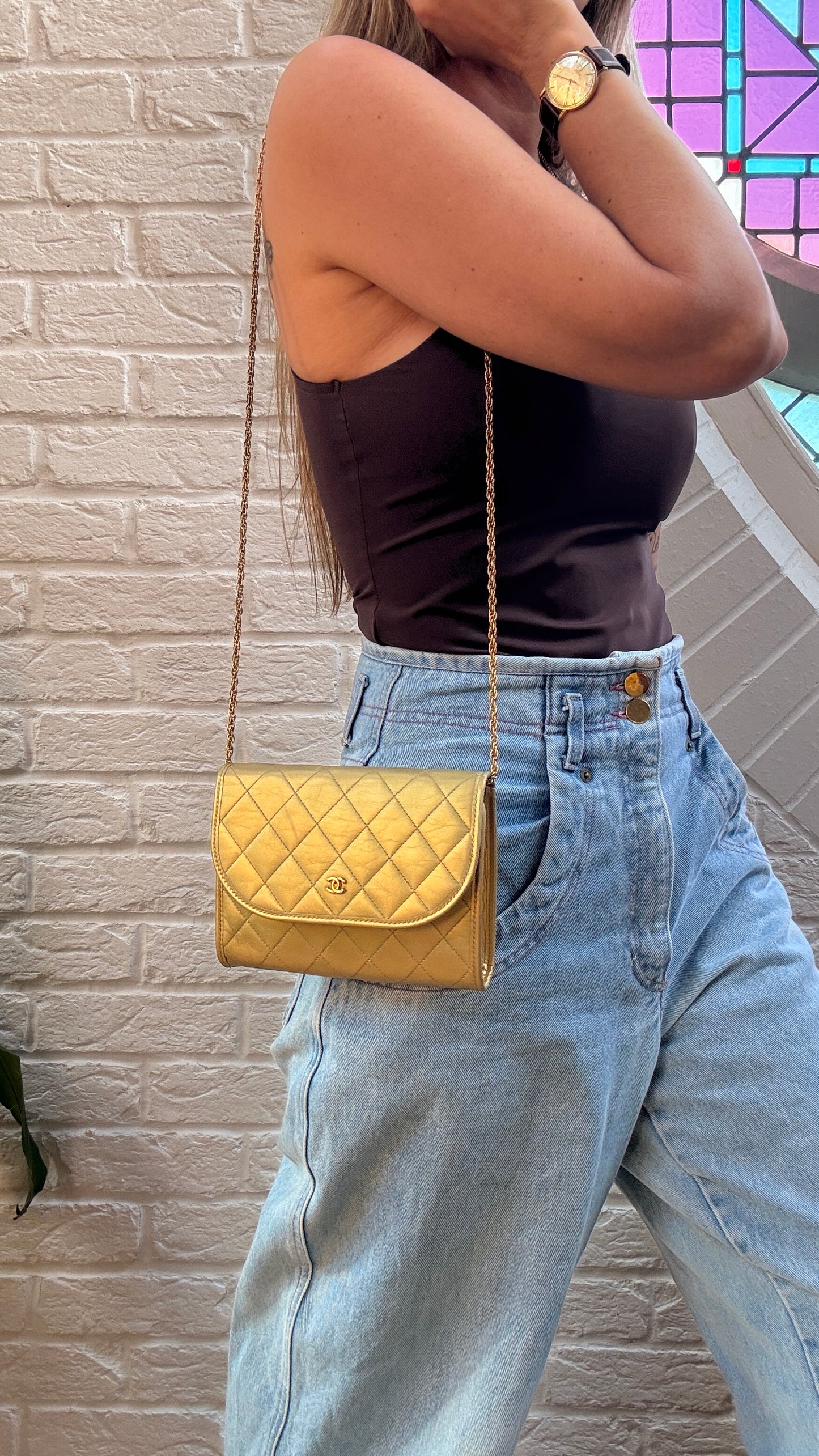 Chanel Early 1980s Rare Gold Lambskin Leather Single flap Cross Body