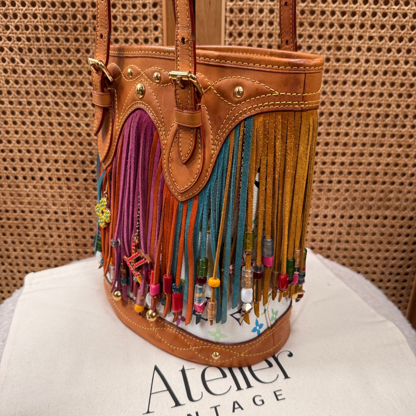 Louis Vuitton 2006 ULTRA RARE Murakami Suede and Beaded Fringe Bucket Bag