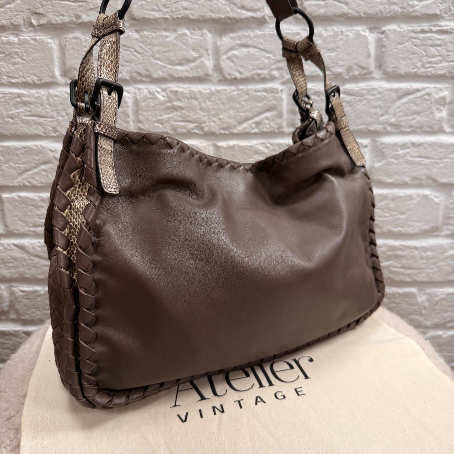 Bottega Veneta 1990s Bottega Veneta Taupe & Beige Lizard Leather Tote