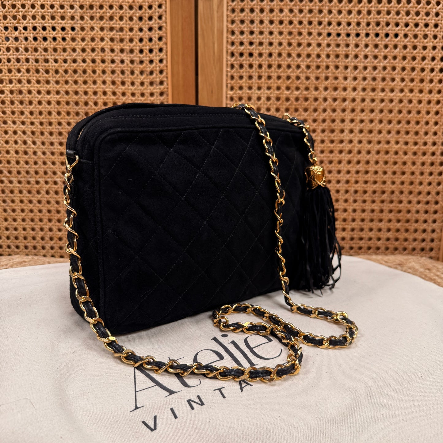 Chanel 1989 Rare Black Suede Front Flap Camera Bag