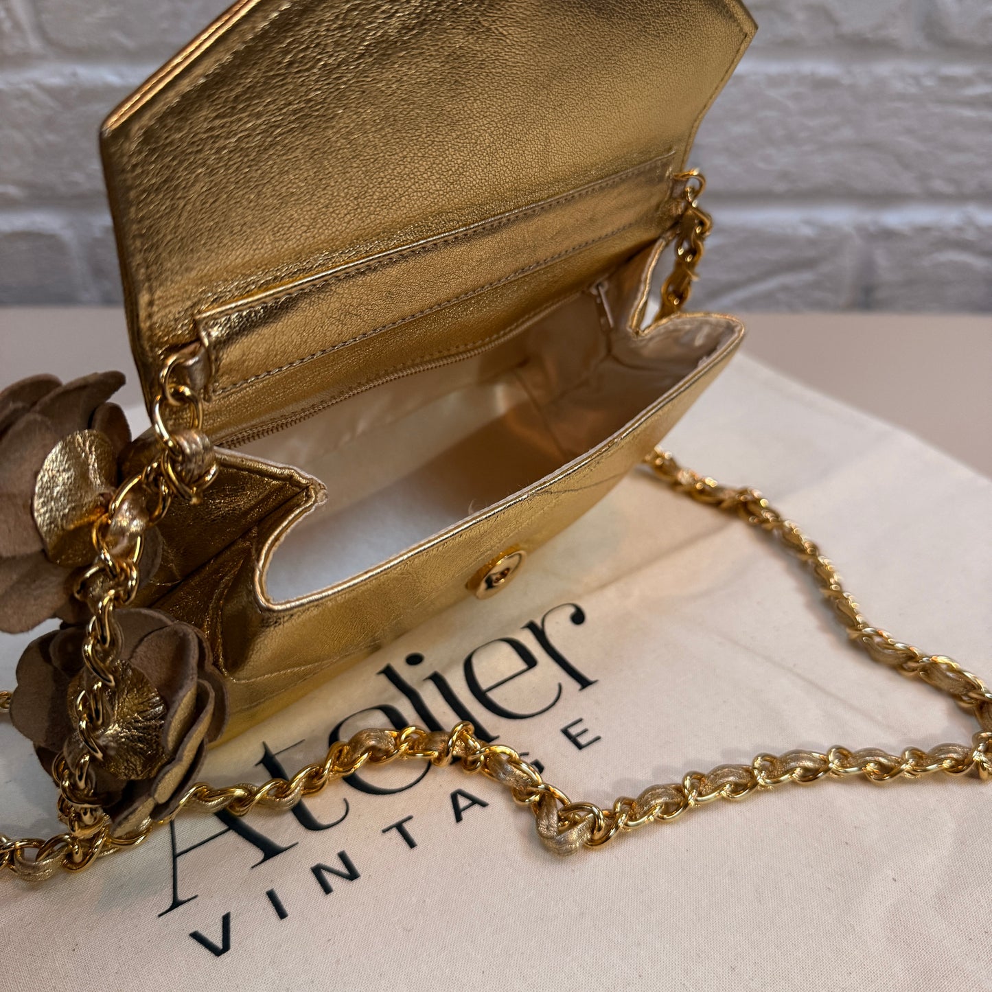 Chanel 1986 Ultra Rare Gold Lambskin Camellia Charm Envelope Flap