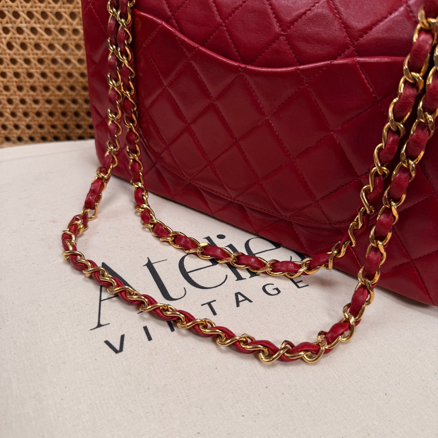Chanel 1989 Red Lambskin Leather Classic Double Flap in Medium with 24k Gold Hardware