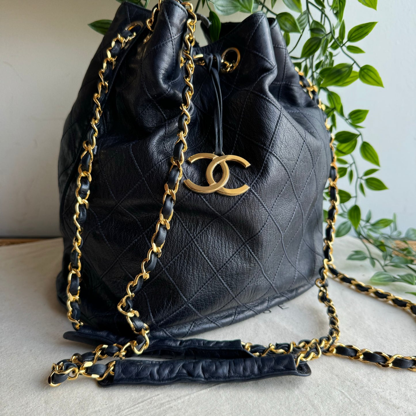 Chanel 1986 Navy CC Charm Bucket Bag