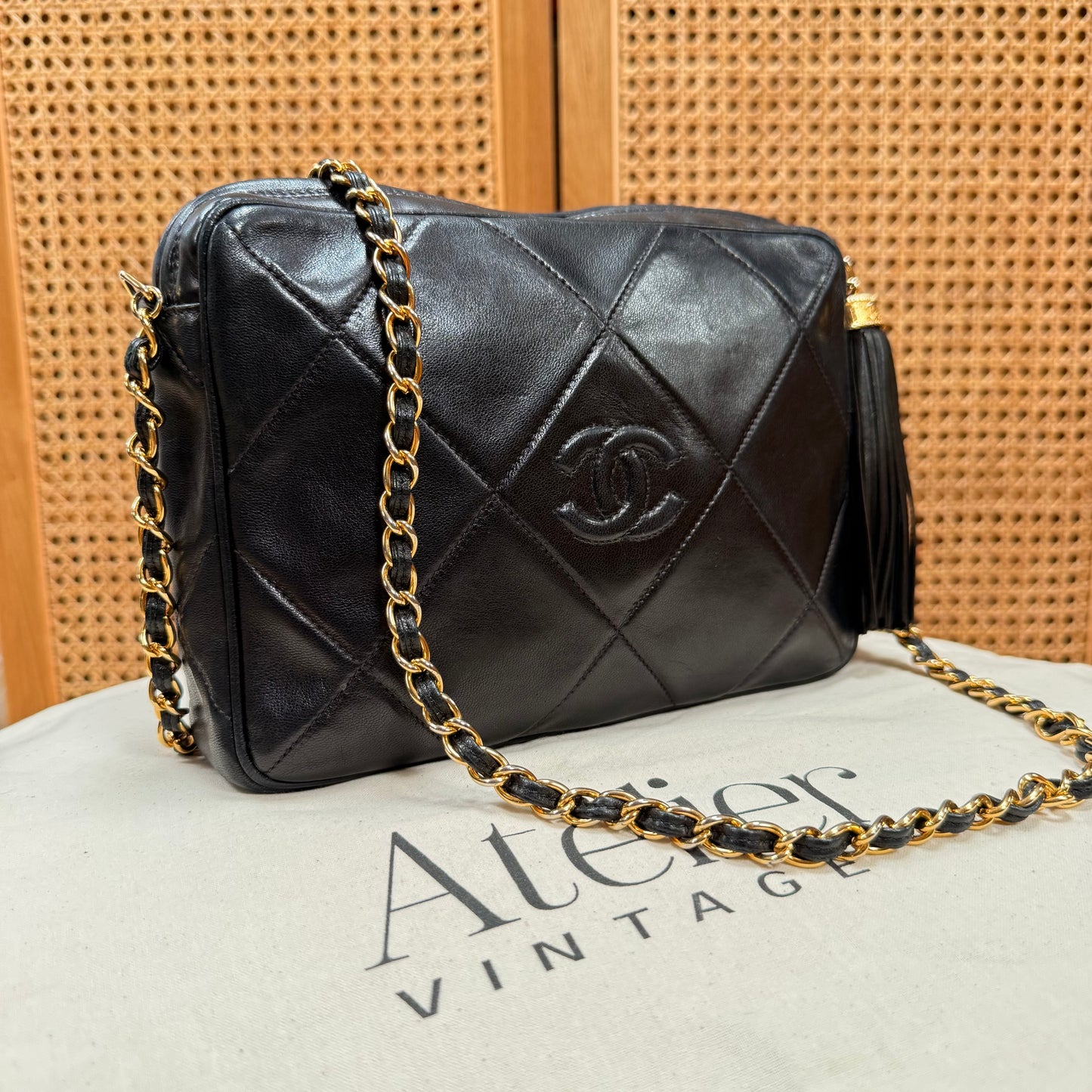 Chanel 1986 CC Quilted Black Tassel Camera bag