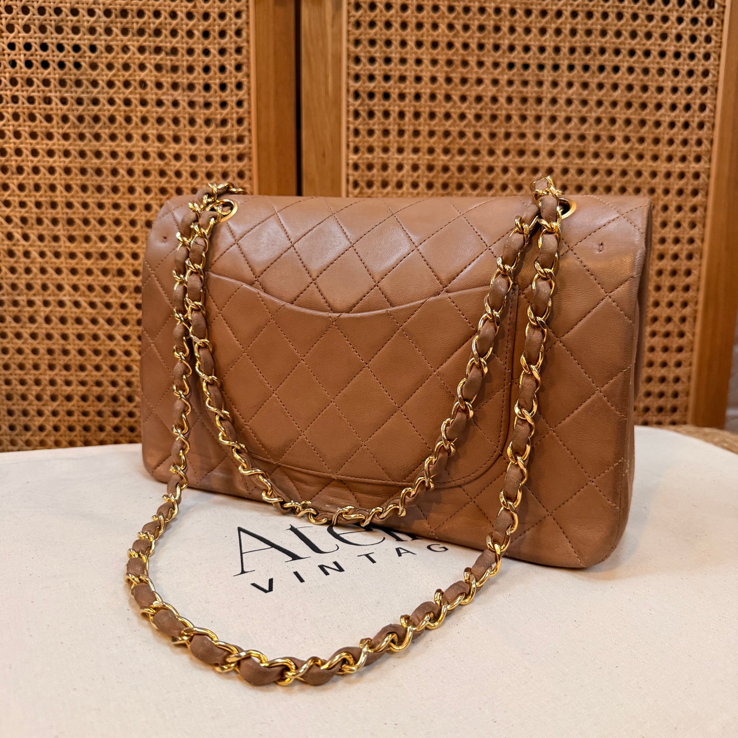 Chanel 1989 Rare Tan Lambskin Leather Classic Double Flap in Medium with 24k Gold Hardware