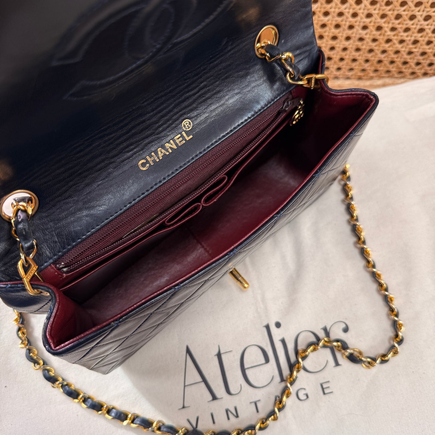 Chanel 1989 Rare Navy Classic Medium Rectangle Full Flap