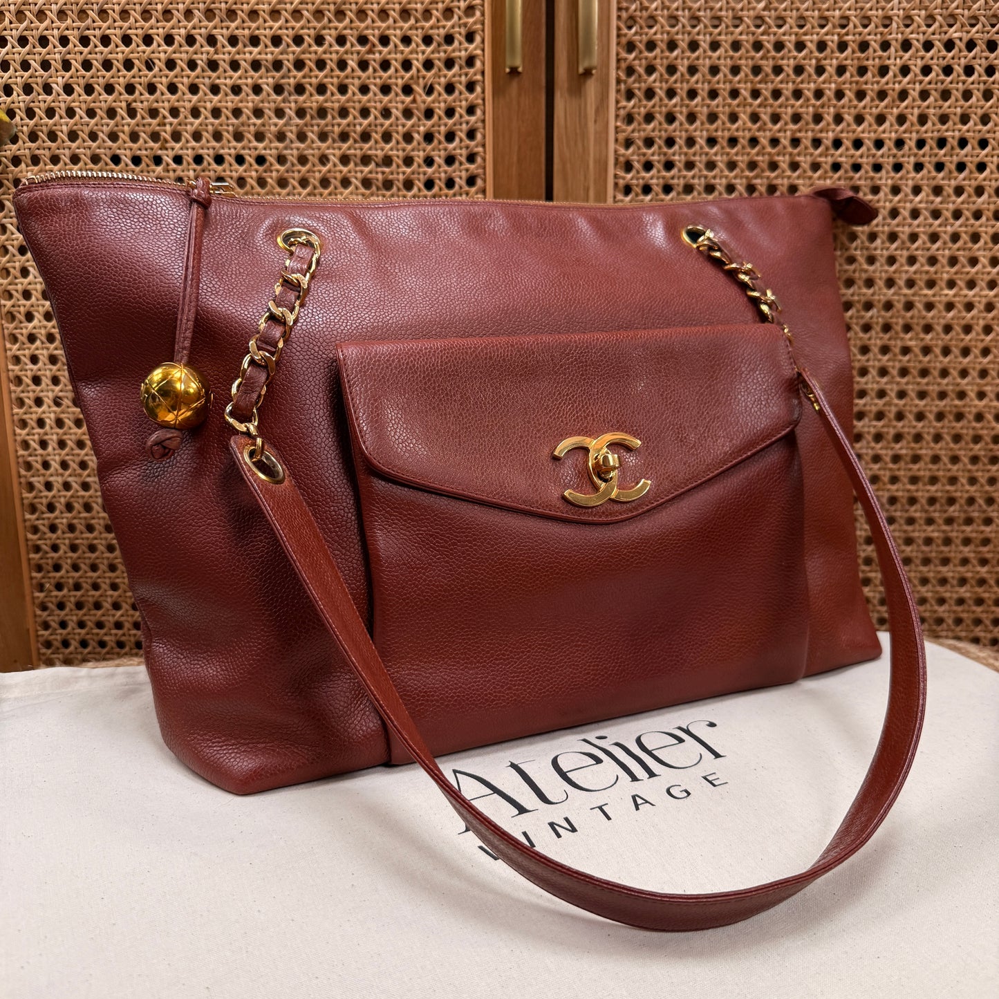 Chanel 1991 Rare Cognac Caviar leather tote with Turnlock front compartment