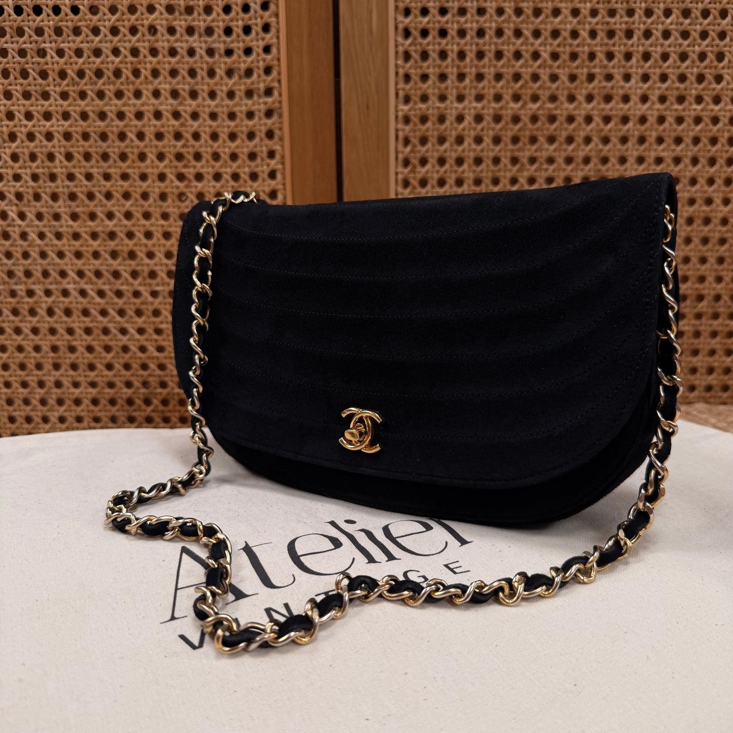 Chanel Rare early 1980s half moon quilted single flap in black suede