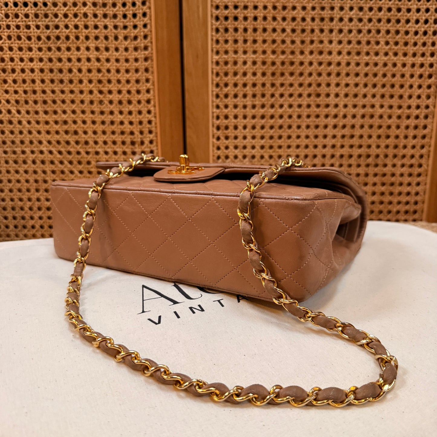 Chanel 1989 Rare Tan Lambskin Leather Classic Double Flap in Medium with 24k Gold Hardware