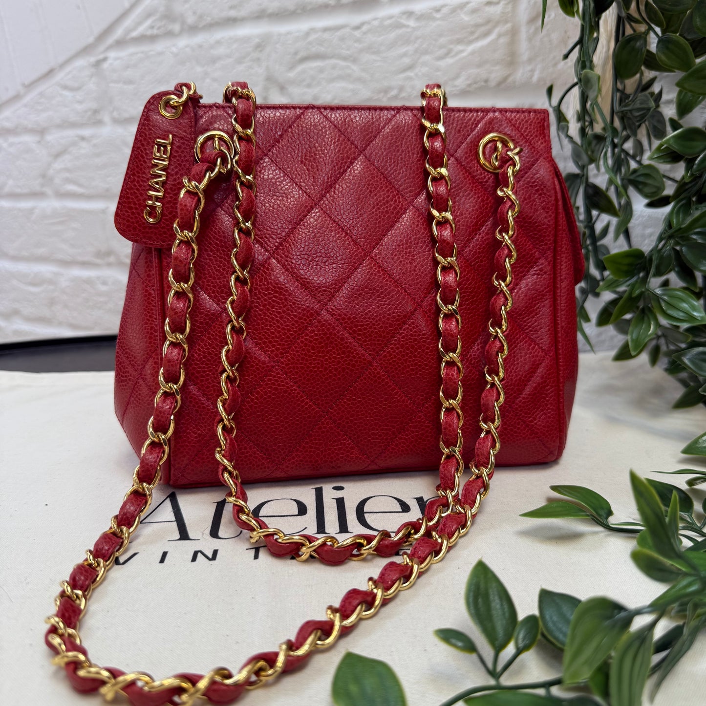 Chanel 1989 Chanel Red Caviar CC Quilted Shoulder Bag