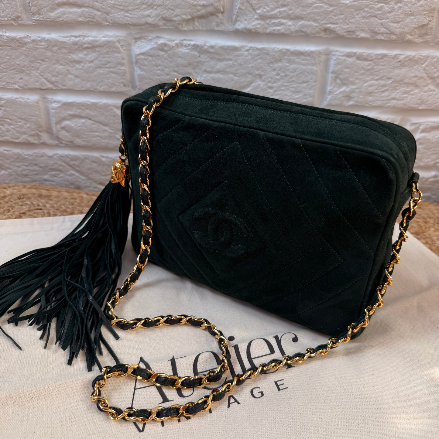 Chanel 1991 Green Suede Camera bag with 24k gold hardware