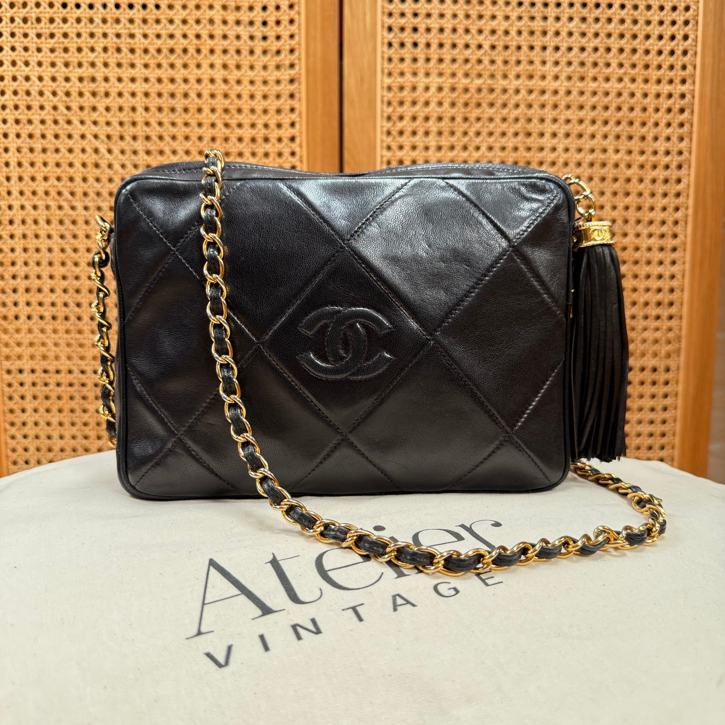 Chanel 1986 CC Quilted Black Tassel Camera bag