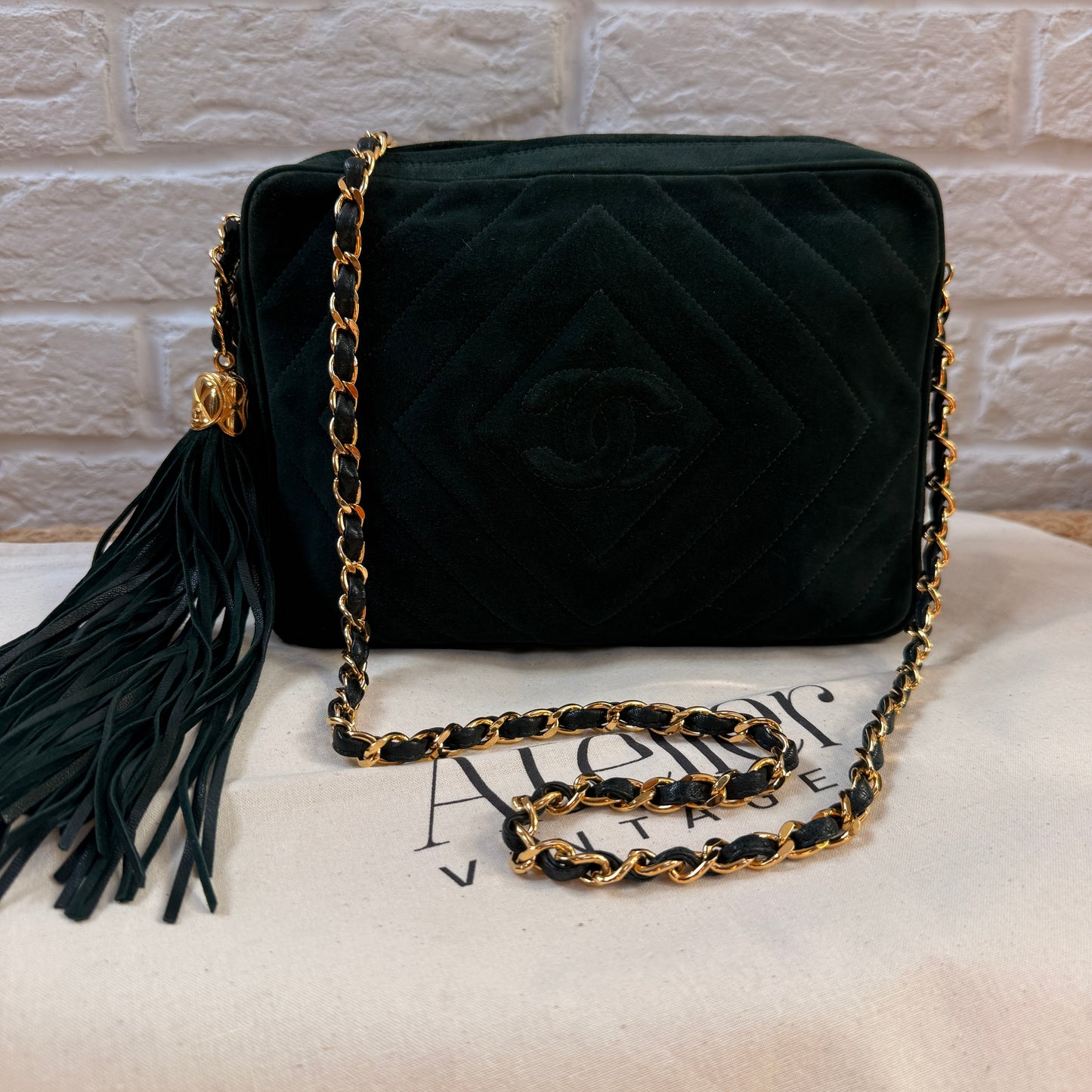 Chanel 1991 Green Suede Camera bag with 24k gold hardware