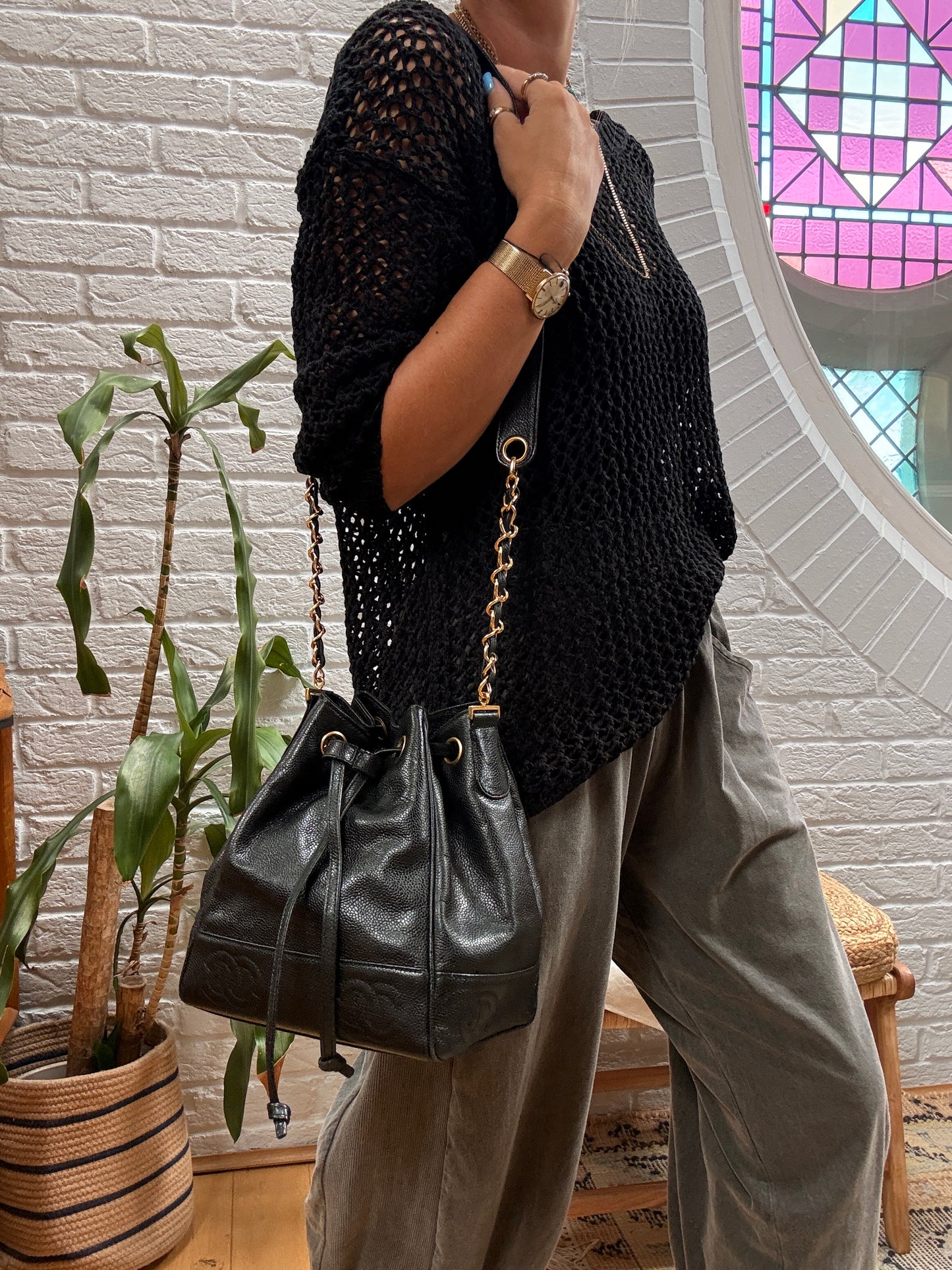 Chanel 1996 Triple CC Caviar bucket bag with pouch