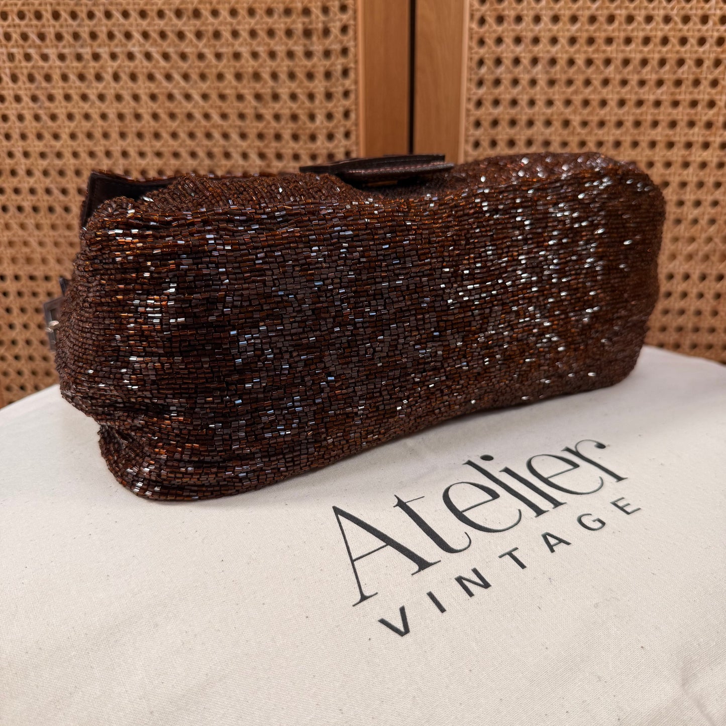 Fendi 2000 Rare Mamma Baguette Bronze - Limited Edition full glass beaded with chocolate leather