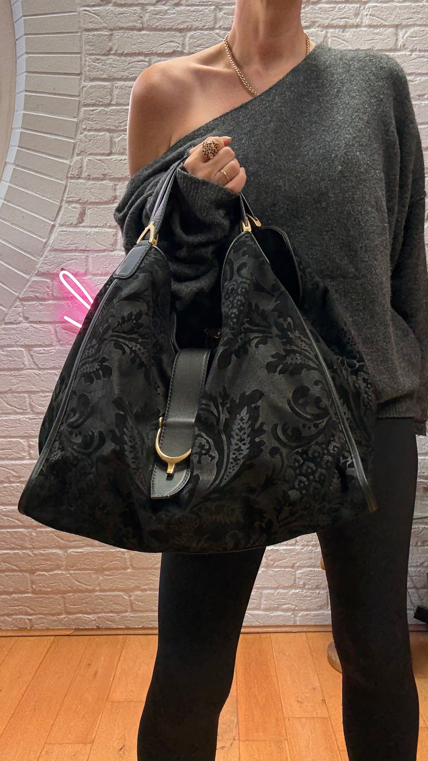 Gucci Suede Brocade Stirrup Tote