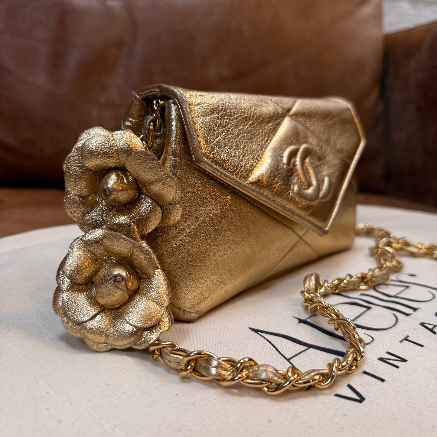 Chanel 1986 Ultra Rare Gold Lambskin Camellia Charm Envelope Flap