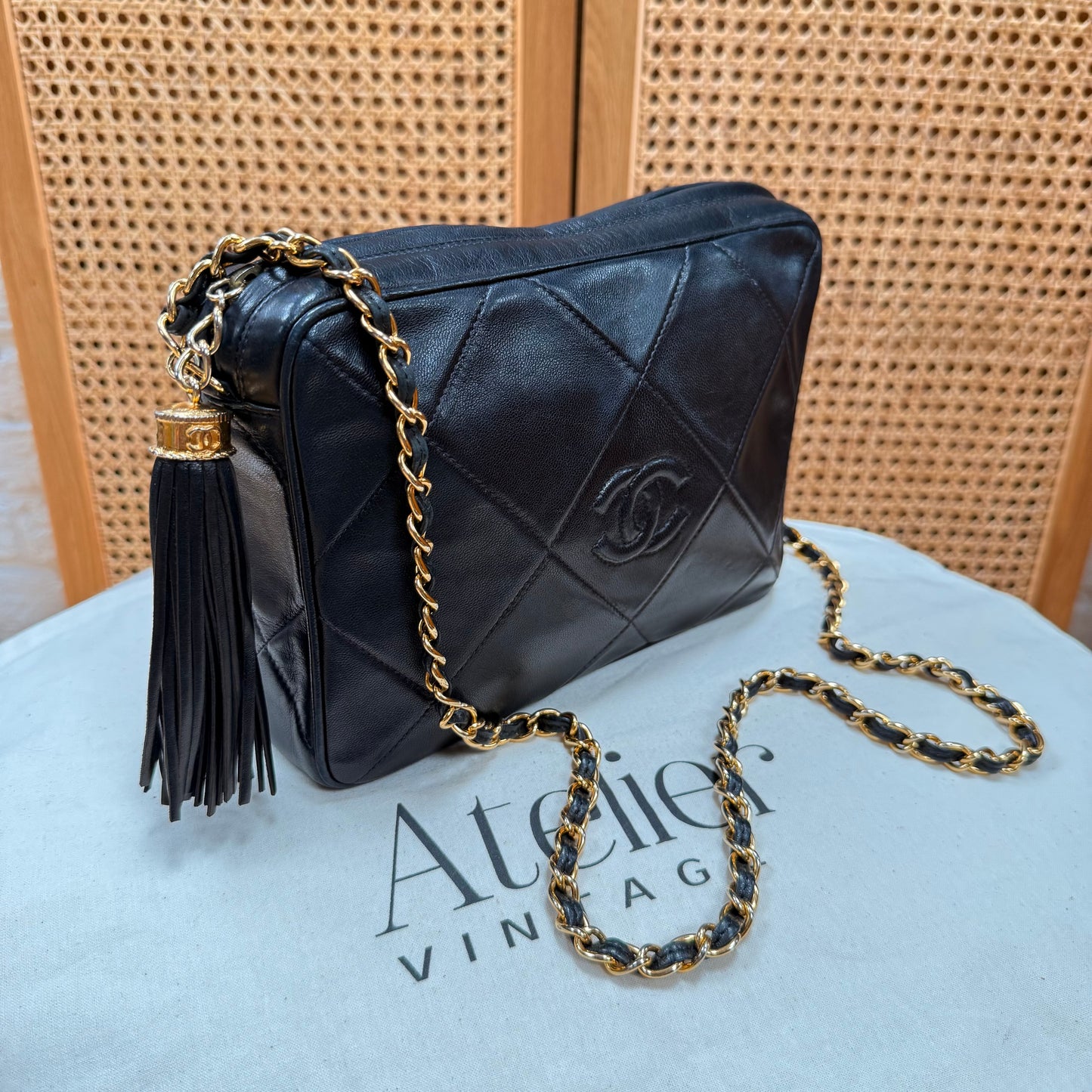 Chanel 1986 CC Quilted Black Tassel Camera bag