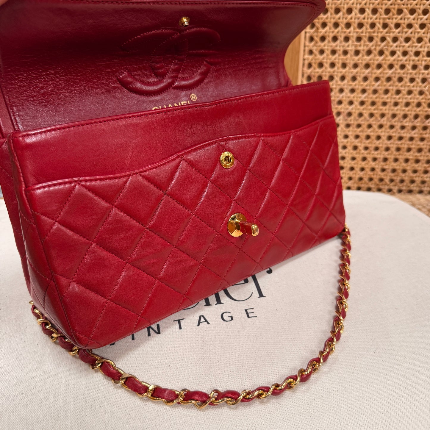 Chanel 1989 Red Lambskin Leather Classic Double Flap in Medium with 24k Gold Hardware