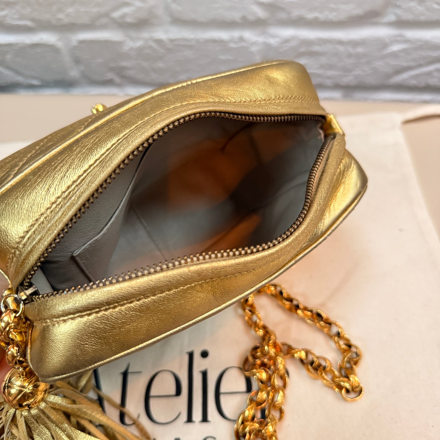 Chanel 1991 Ultra Rare Chevron Quilted Turnlock Camera Bag in Gold Lambskin Leather with 24k gold hardware