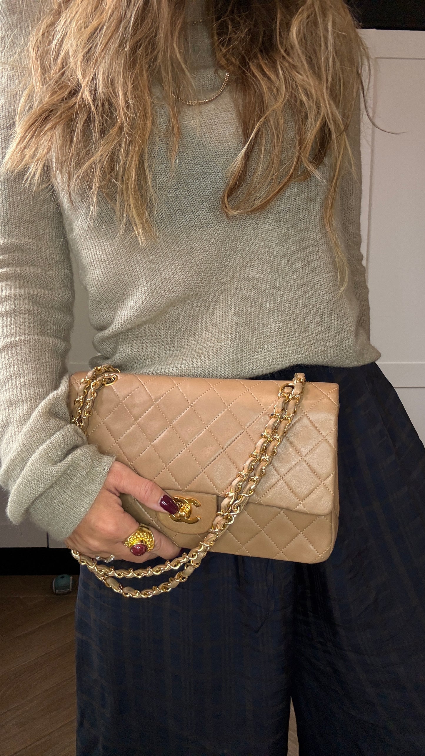 Chanel 1989 Rare Tan Lambskin Leather Classic Double Flap in Medium with 24k Gold Hardware