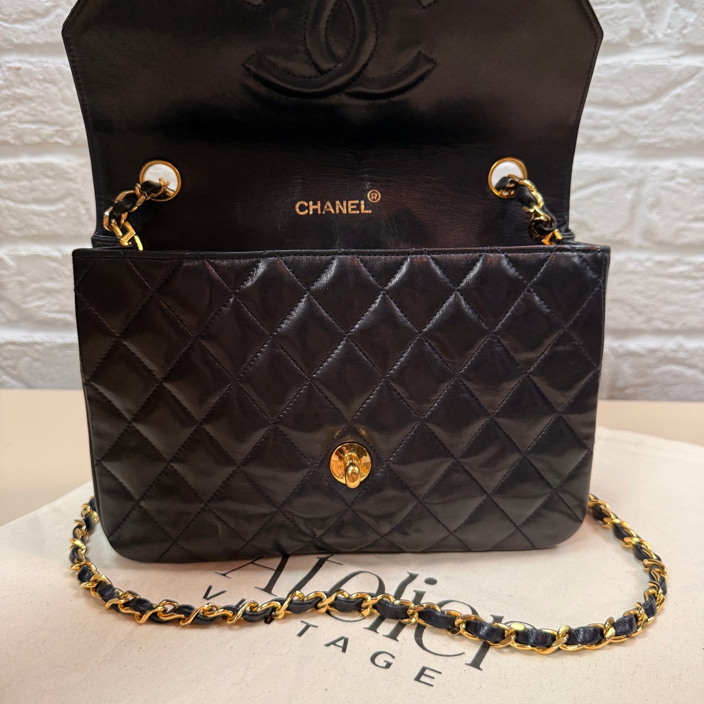 Chanel 1986 Rare Navy Lambskin Half Moon Single Flap with 24k Gold Hardware