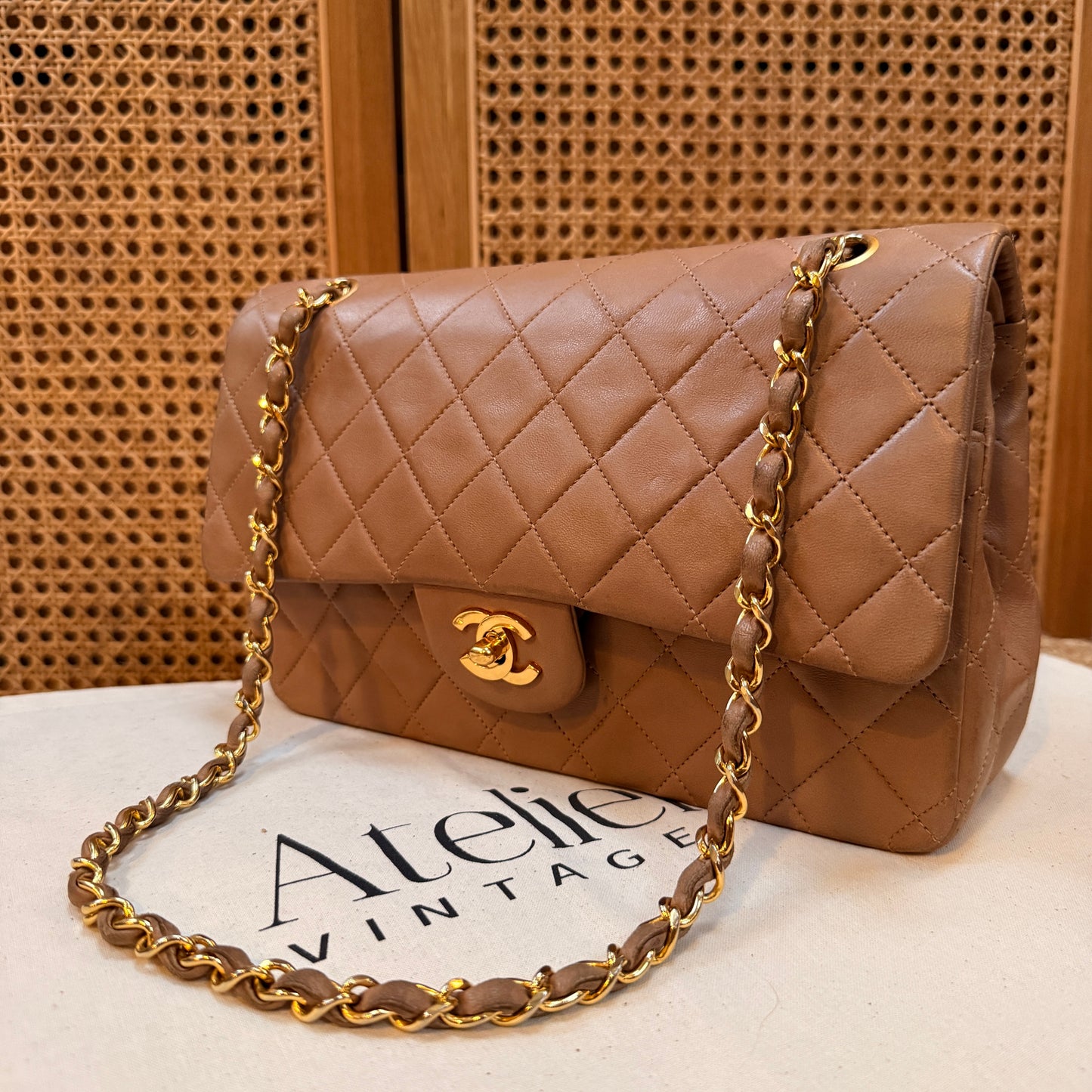 Chanel 1989 Rare Tan Lambskin Leather Classic Double Flap in Medium with 24k Gold Hardware