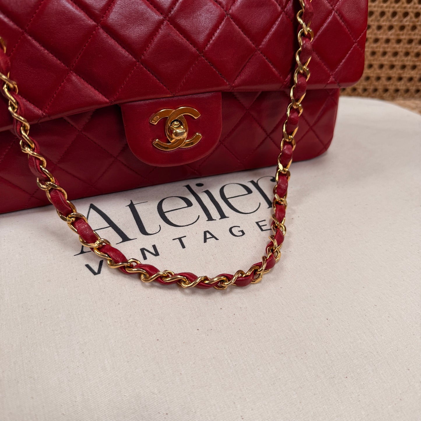 Chanel 1989 Red Lambskin Leather Classic Double Flap in Medium with 24k Gold Hardware