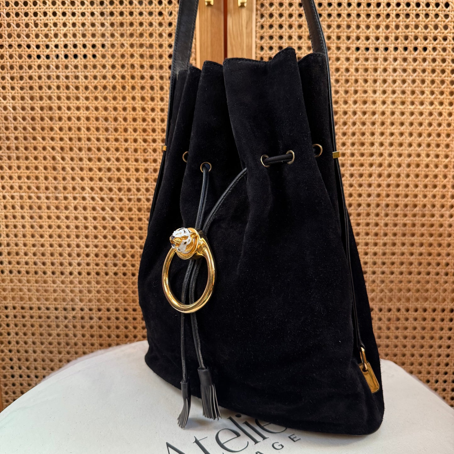 Gucci 1990s Rare Enamel Leopard Suede Bucket Bag