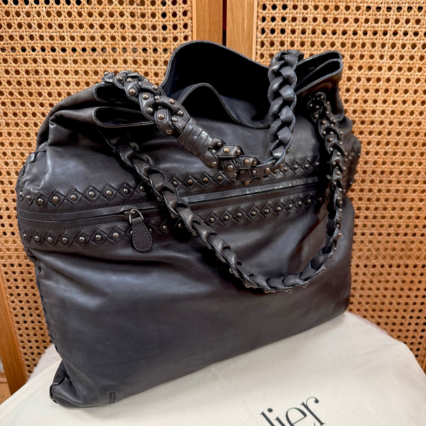 Bottega Veneta 1990s Black Leather Studded Two Way Tote
