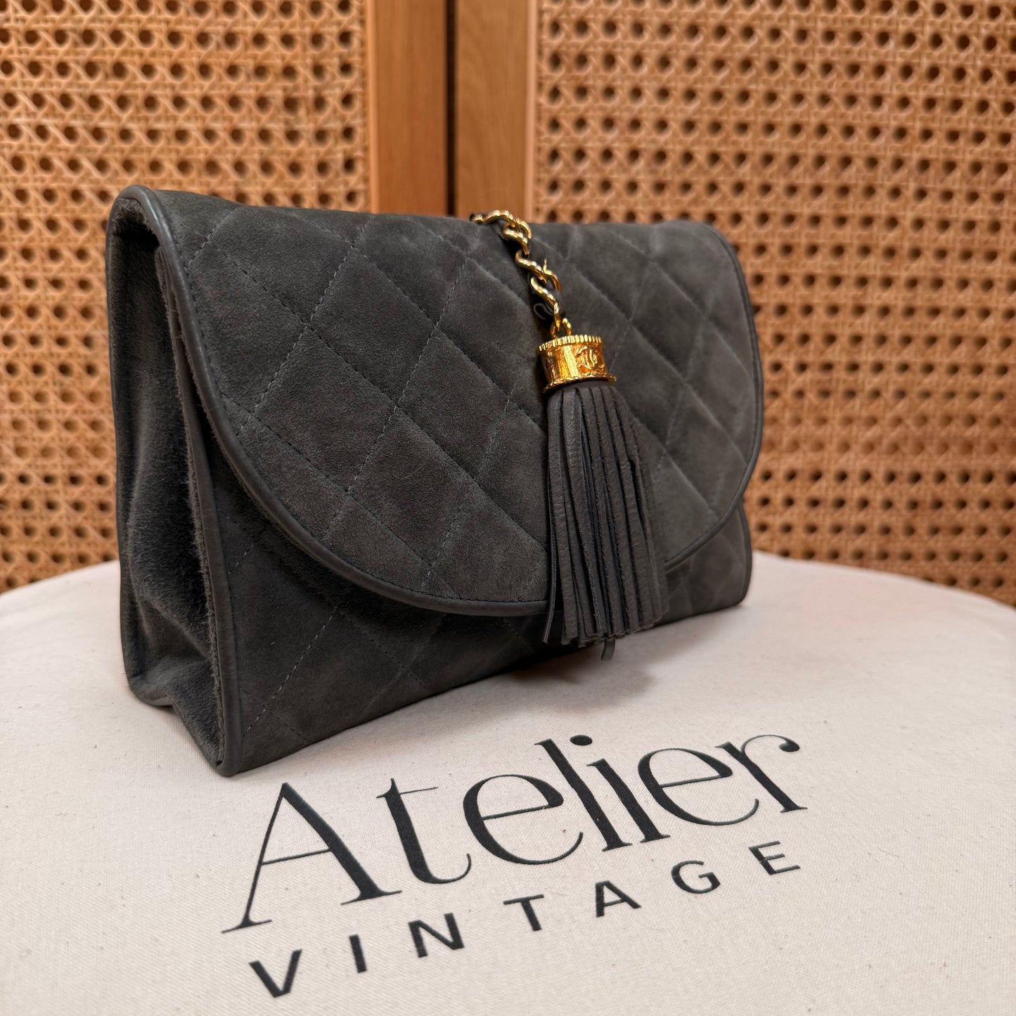 Chanel 1986 Grey Suede Tassel Clutch