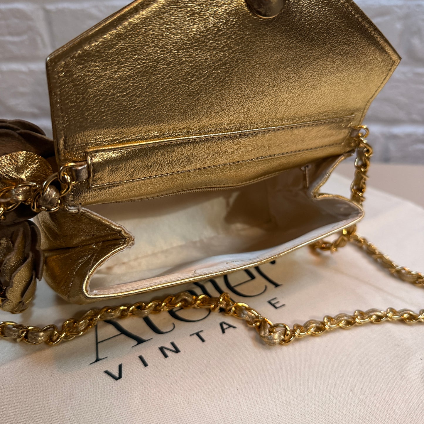 Chanel 1986 Ultra Rare Gold Lambskin Camellia Charm Envelope Flap