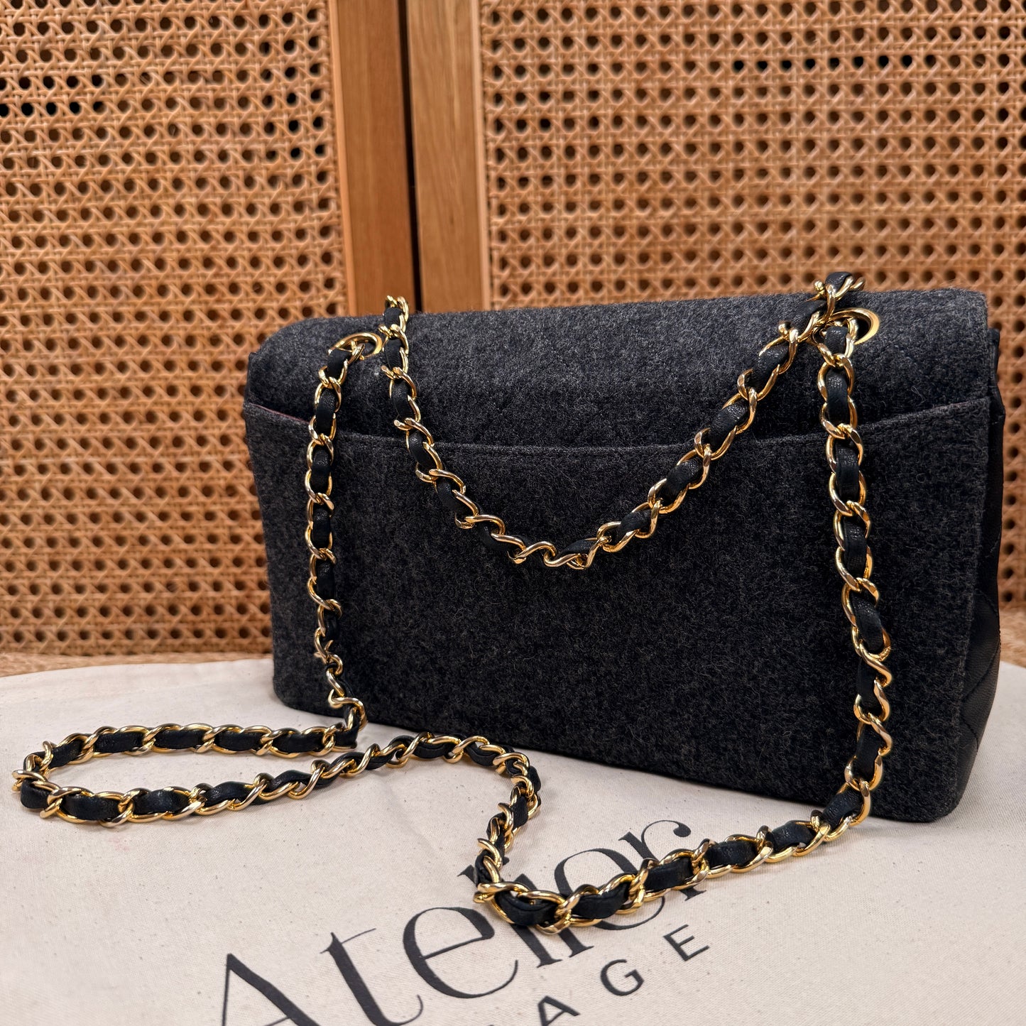 Chanel 1989 Rare Charcoal Tweed Wood & Black Leather Single flap & Purse Set