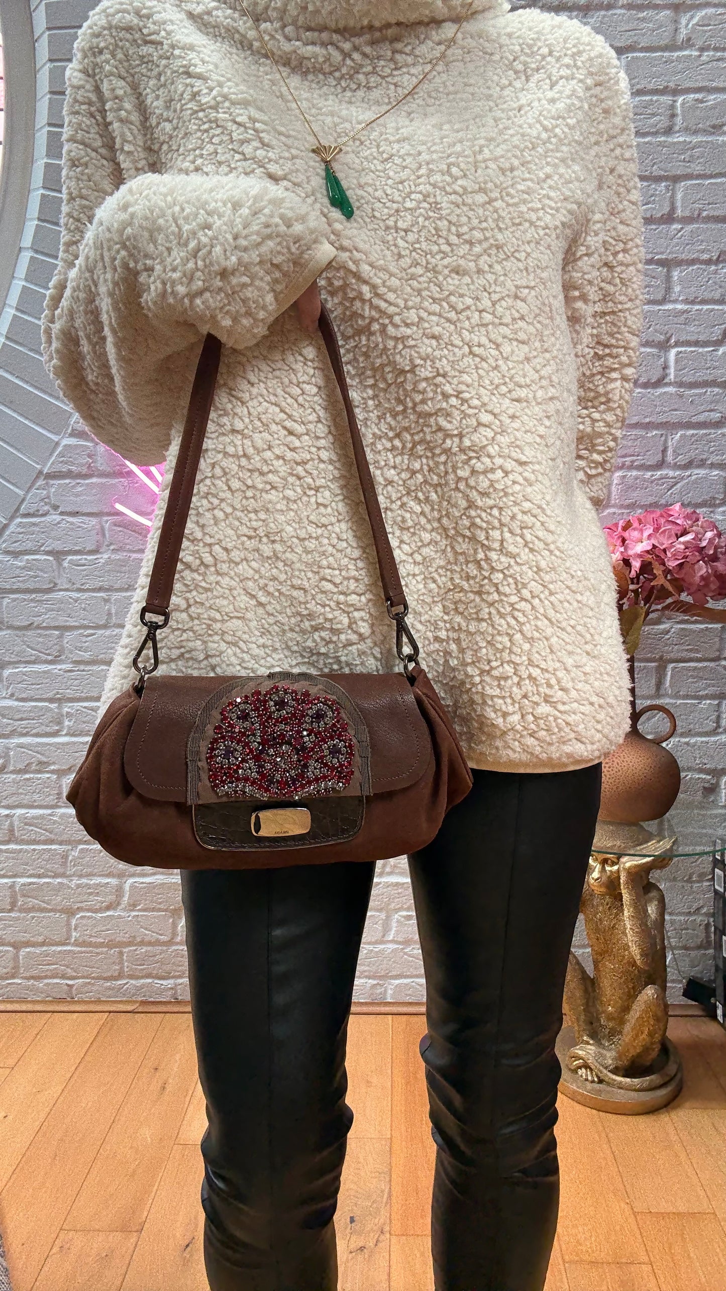 Prada 2002 Brown & Embellished Jewel Two Way Shoulder Bag