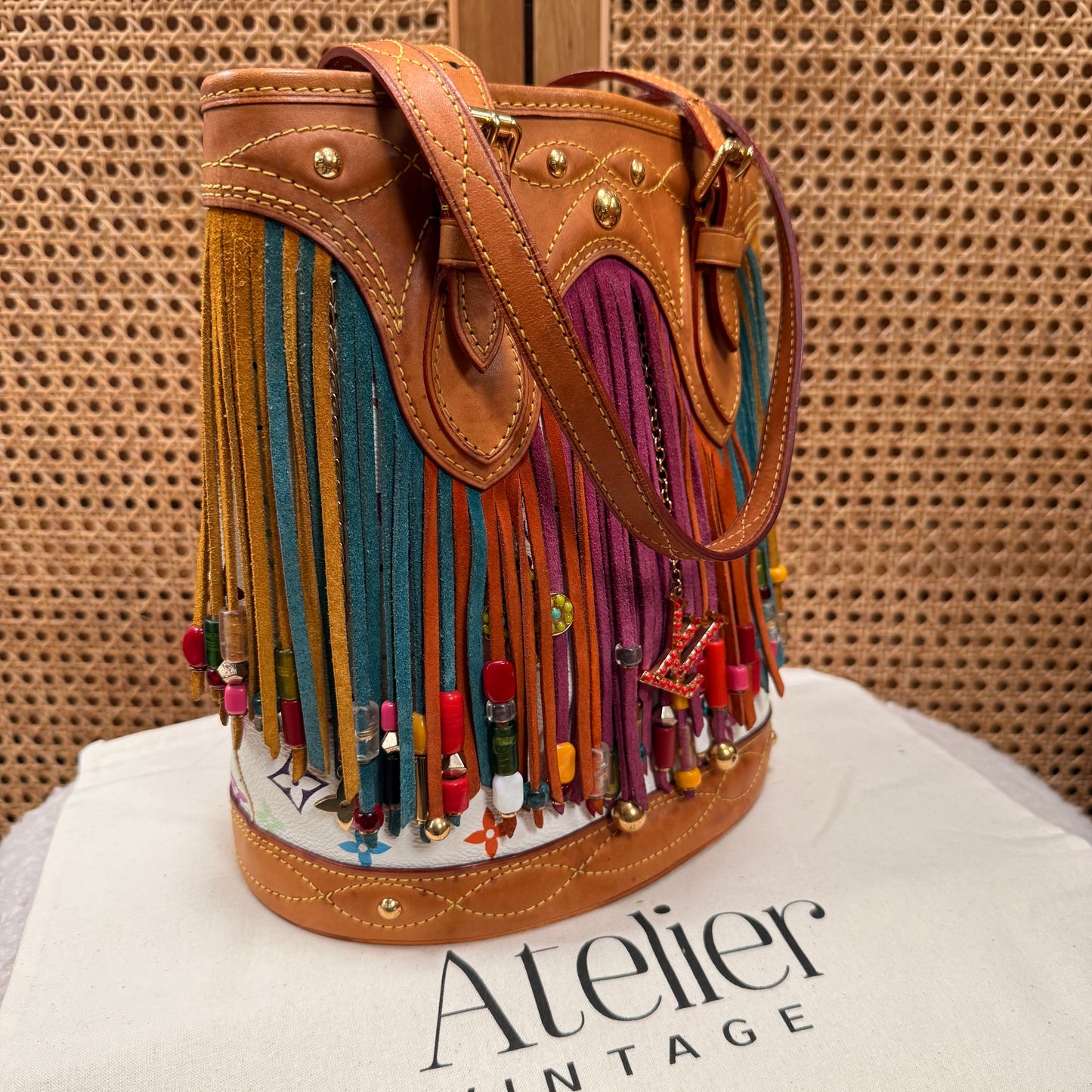 Louis Vuitton 2006 ULTRA RARE Murakami Suede and Beaded Fringe Bucket Bag
