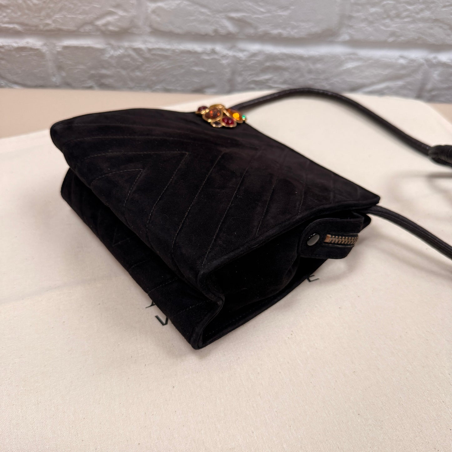 Chanel 1989 Chanel Black Suede & Leather Cross body with rare Gripoix Stone and CC charm Zip Pull