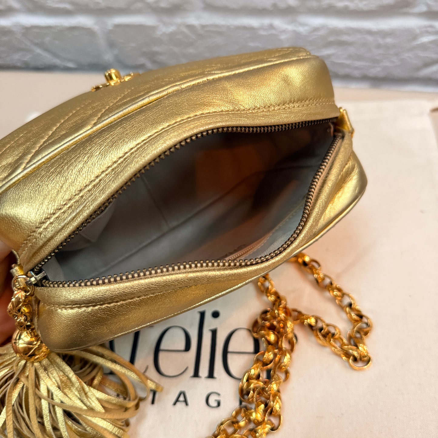 Chanel 1991 Ultra Rare Chevron Quilted Turnlock Camera Bag in Gold Lambskin Leather with 24k gold hardware