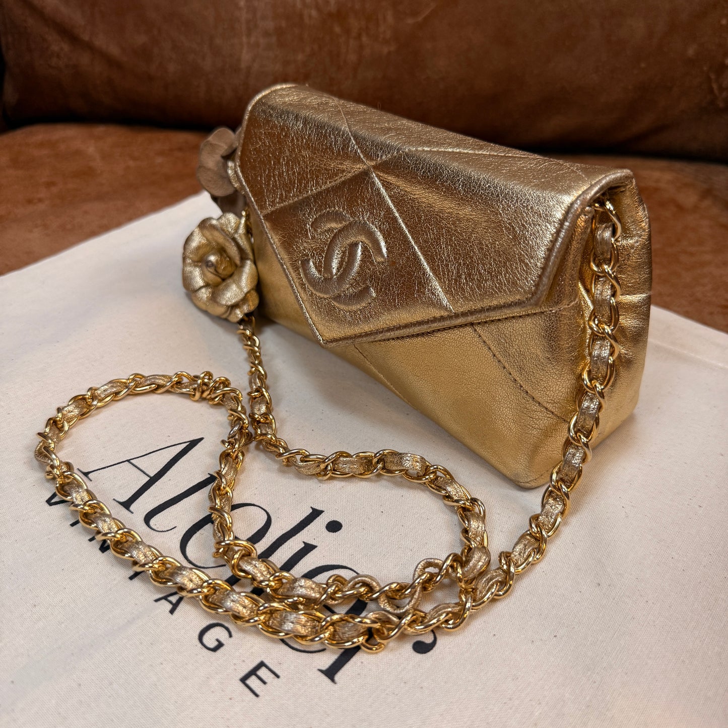 Chanel 1986 Ultra Rare Gold Lambskin Camellia Charm Envelope Flap