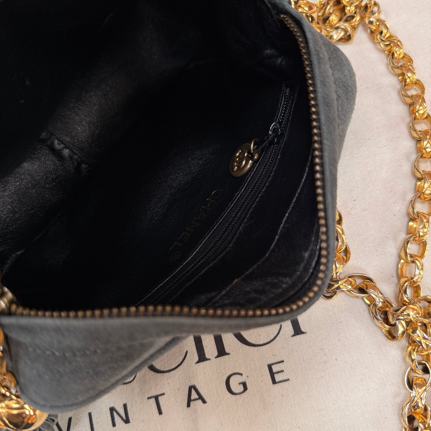 Chanel 1994 rare camera bag with bijoux chain in slate grey suede