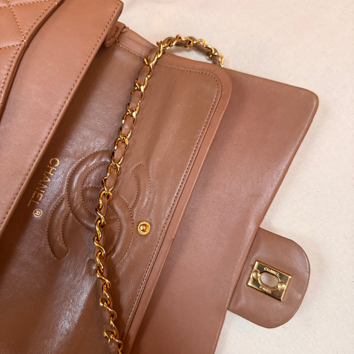 Chanel 1989 Rare Tan Lambskin Leather Classic Double Flap in Medium with 24k Gold Hardware