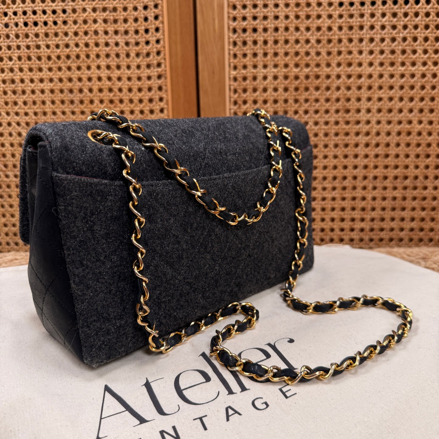 Chanel 1989 Rare Charcoal Tweed Wood & Black Leather Single flap & Purse Set